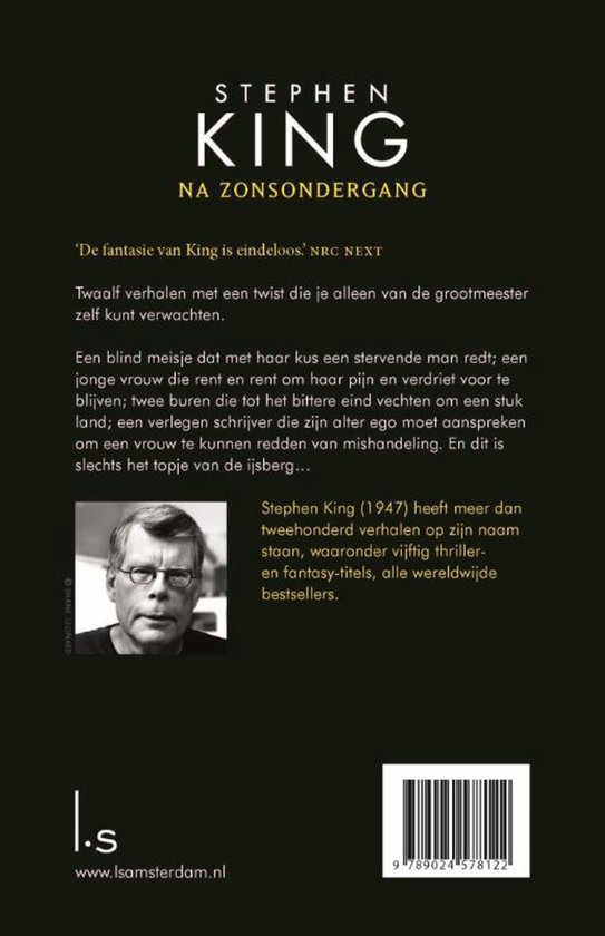 Portret van Stephen King, met tekst over "Na Zonsondergang".