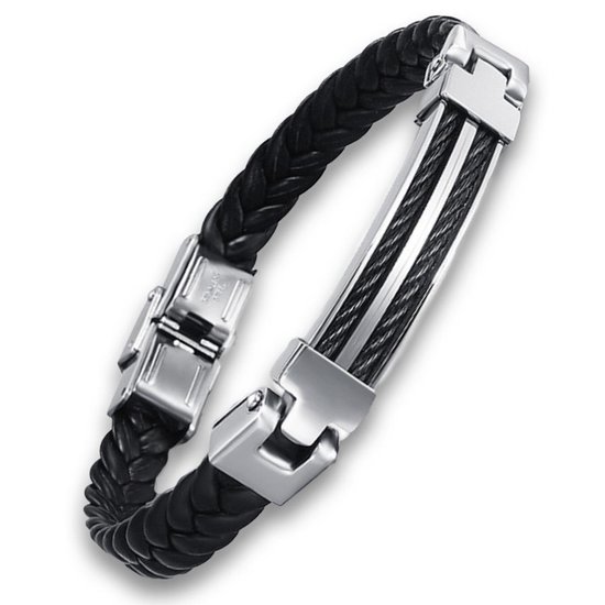 Victorious Leren Armband Heren – RVS Roestvrij Stalen Sluiting – Zwart –  23cm | bol.com