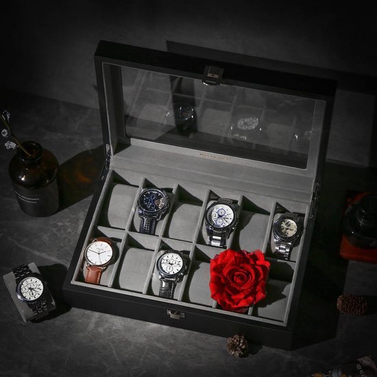 Uten Horlogebox met 10 vakken, horlogekast met glazen deksel, horloge-display opbergdoos voor mannen en vrouwen, afneembare horlogekussens, metalen sluiting, zwart synthetisch leer, beige fluwelen
