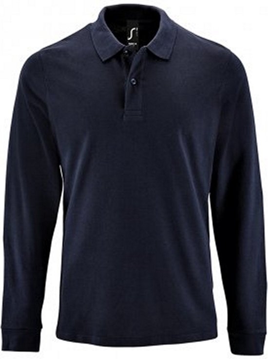 Polo SOLS bleu marine à manches longues et fermeture boutonnée, vue de face.