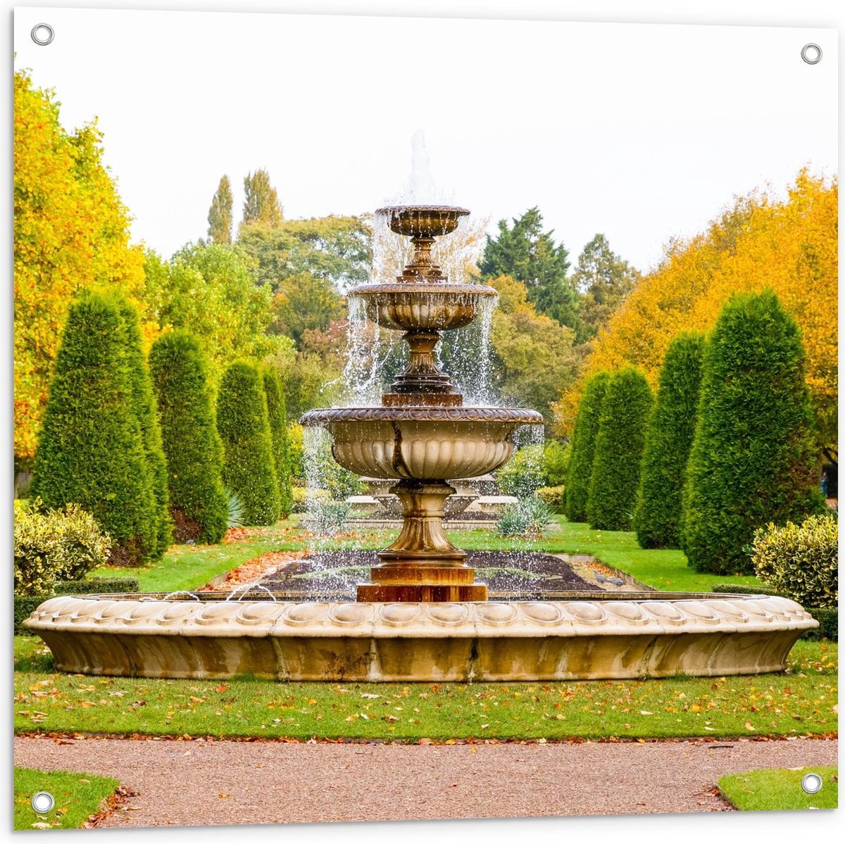 Tuinposter – Grote Bronzen Fontein in Park - 80x80cm Foto op Tuinposter (wanddecoratie voo