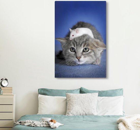 Toile chat et souris 2cm 120x180 cm - Tirage photo sur toile (Décoration murale salon / chambre) / Animaux sauvages Peintures sur toile XXL / Groot format!