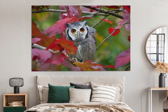 Canvas schilderij 150x100 cm - Wanddecoratie Uil - Vogel - Bladeren - Herfst - Muurdecoratie woonkamer - Slaapkamer decoratie - Kamer accessoires - Schilderijen