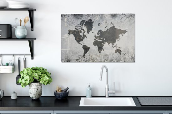 Wereldkaart avec motif béton gris foncé décorée d'illustrations de fleurs 90x60 cm