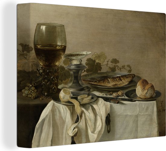 Nature morte avec un poisson - Peinture de Pieter Claesz 160x120 cm - Tirage photo sur Toile (Décoration murale salon / chambre) XXL / Groot format!