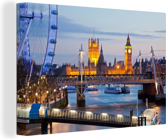 Canvas Schilderij London Eye - Avond - Big Ben - 120x80 cm - Wanddecoratie