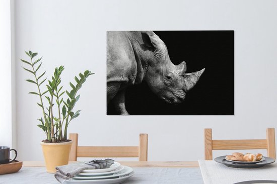 Peintures sur toile - Portrait photo rhinocéros sur fond noir en noir et blanc - 60x40 cm - Décoration murale
