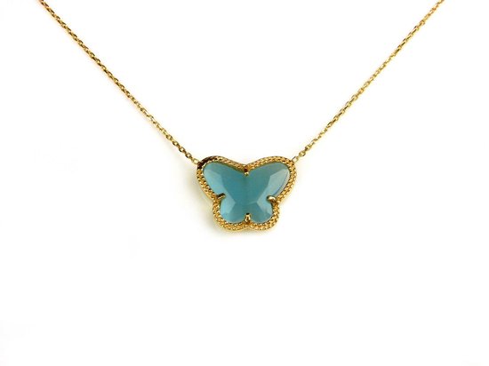 korte zilveren halsketting halssnoer collier geelgoud verguld Model Vlinder met turkoois blauwe steen