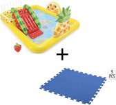 Intex Opblaasbaar Kinderzwembad - Met Glijbaan - Fruit - 244 x 191 x 91 cm +  + INCL. Free And Easy Zwembadtegels Foam Blauw 9 Stuks