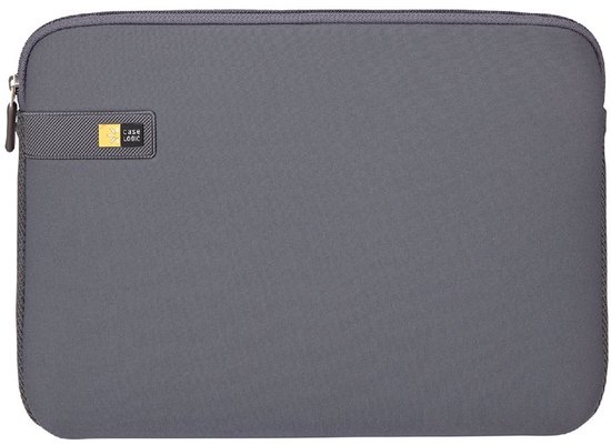 Grijze laptop sleeve van Case Logic, frontaal bekeken met logo en rits.