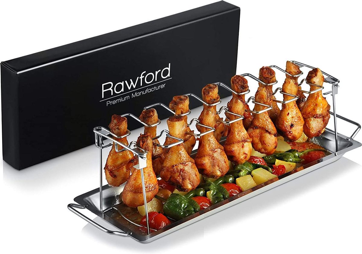 Rawford Kippenpoothouder met ruimte voor 14 poten - kippenuilhouder voor perfect gegrilde kippenvleugels - opvouwbare kippenbeenhouder van roestvrij staal - leg rooster (normale maat)