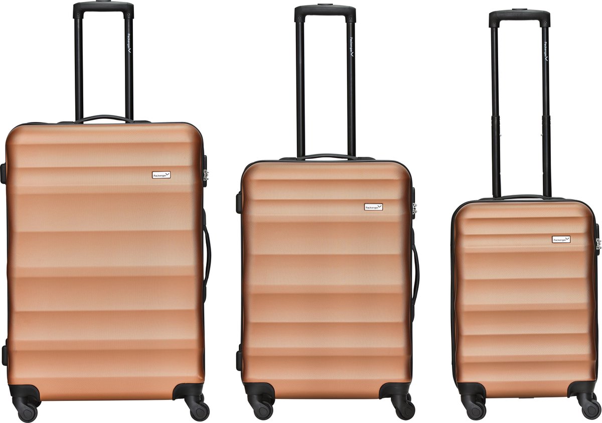 Packenger 3-delige kofferset - Timber - Trolley Set - harde cover - M, L & XL - 4 rubberen rollers (360°) - combinatie slot - brons