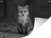 Muurdecoratie buiten Zittende rode vos - zwart wit - 160x120 cm - Tuindoek - Buitenposter