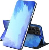 Voor Samsung Galaxy S21 Ultra 5G Spanning Aquarel Patroon Huid Voelen Magnetische Horizontale Flip PU Lederen Case met Houder (Blauw)