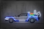 JUNIQE - Poster in kunststof lijst Neon Delorean -40x60 /Blauw & Grijs