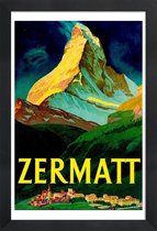 JUNIQE - Poster met houten lijst Vintage Zwitserland Zermatt -13x18