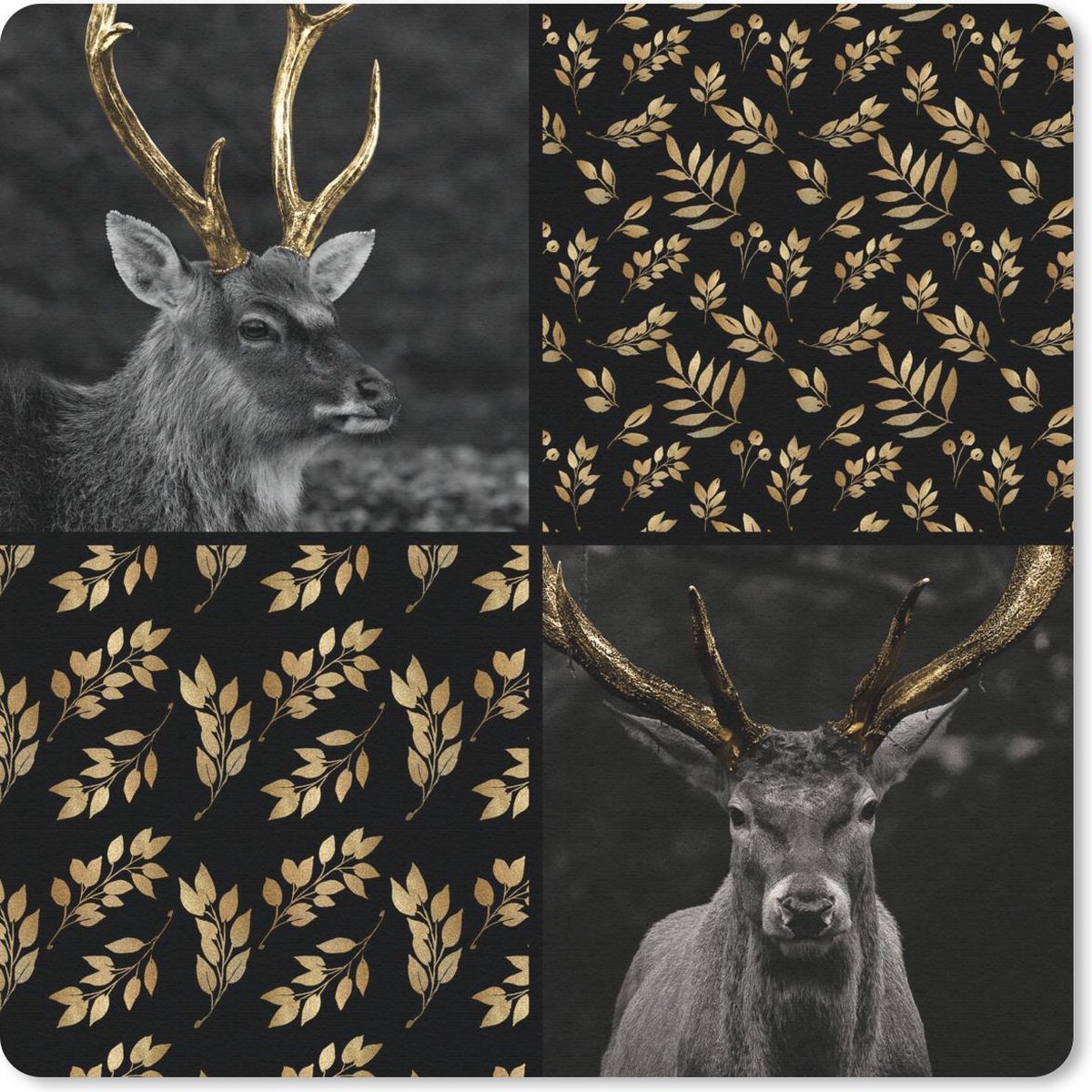 Muismat 30x30 cm - Mousepad Collage - Dieren - Bladeren - Goud - Muismatten