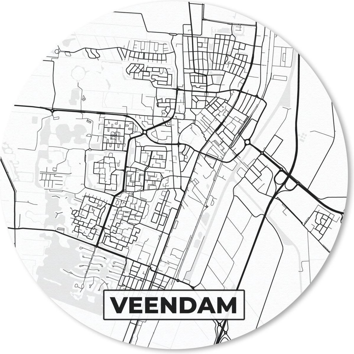 Muismat rond 20x20 cm - Mousepad Kaart - Veendam - Zwart - Wit - Ronde muismatten