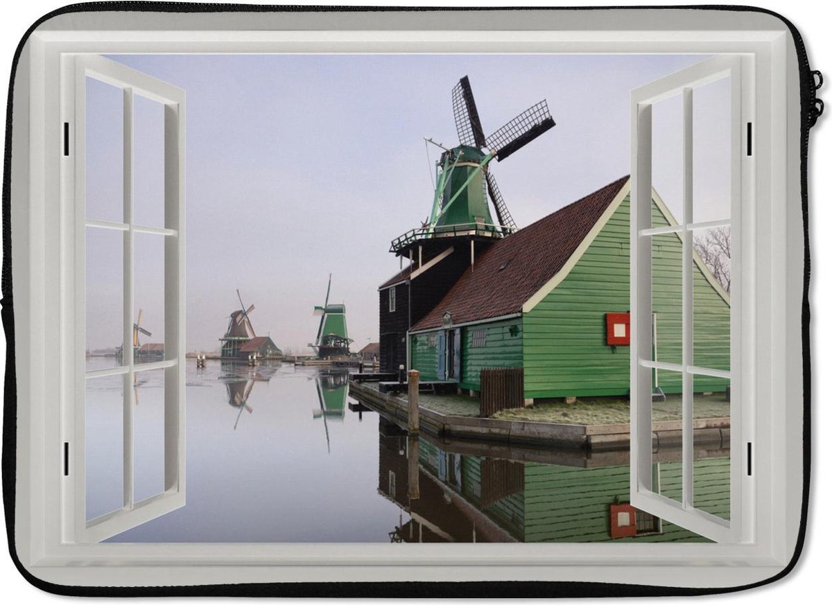 Laptophoes 13 inch - Doorkijk - Huis - Molen - Laptop sleeve - Binnenmaat 32x22,5 cm - Zwarte achterkant