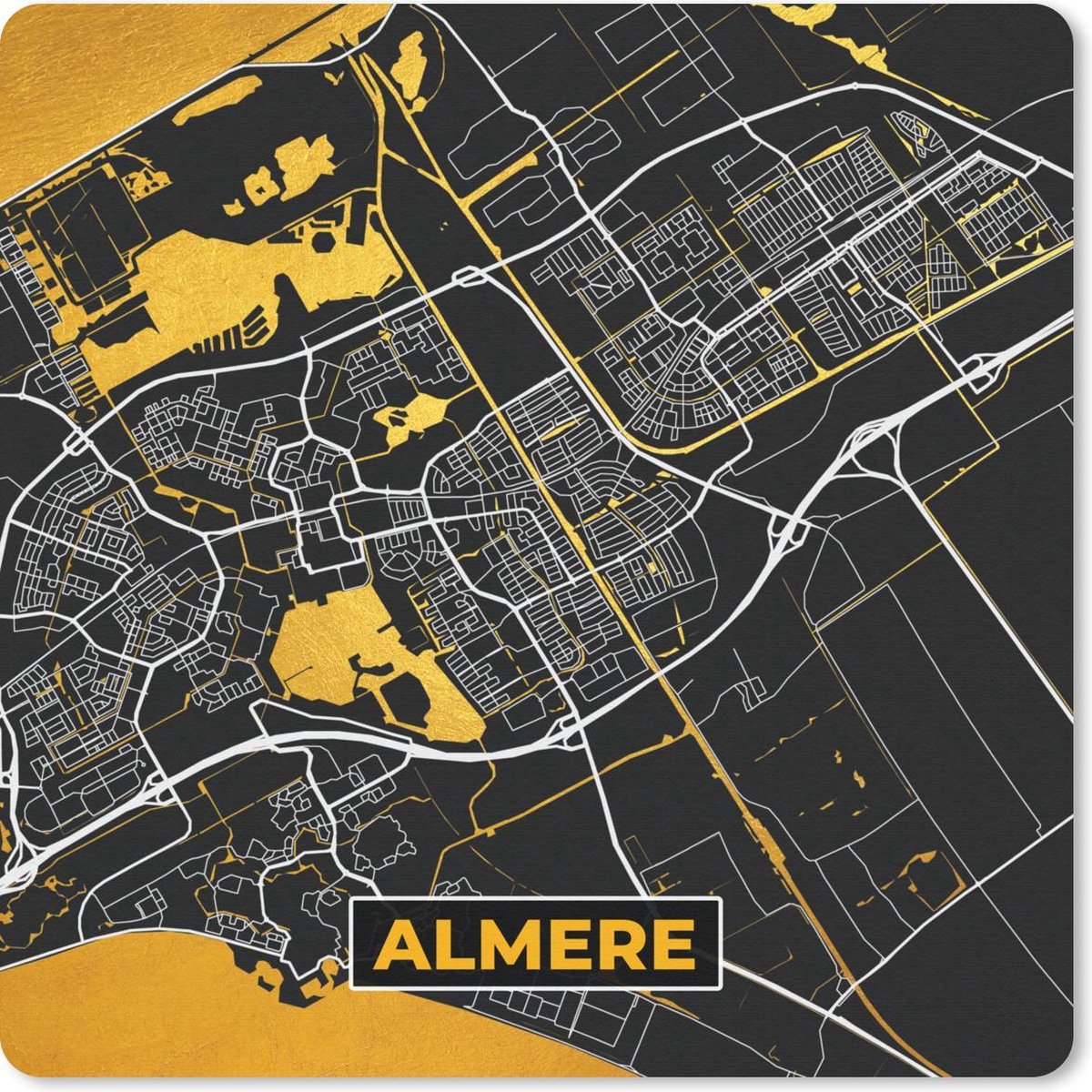 Muismat 30x30 cm - Mousepad Stadskaart - Almere - Goud - Zwart - Muismatten