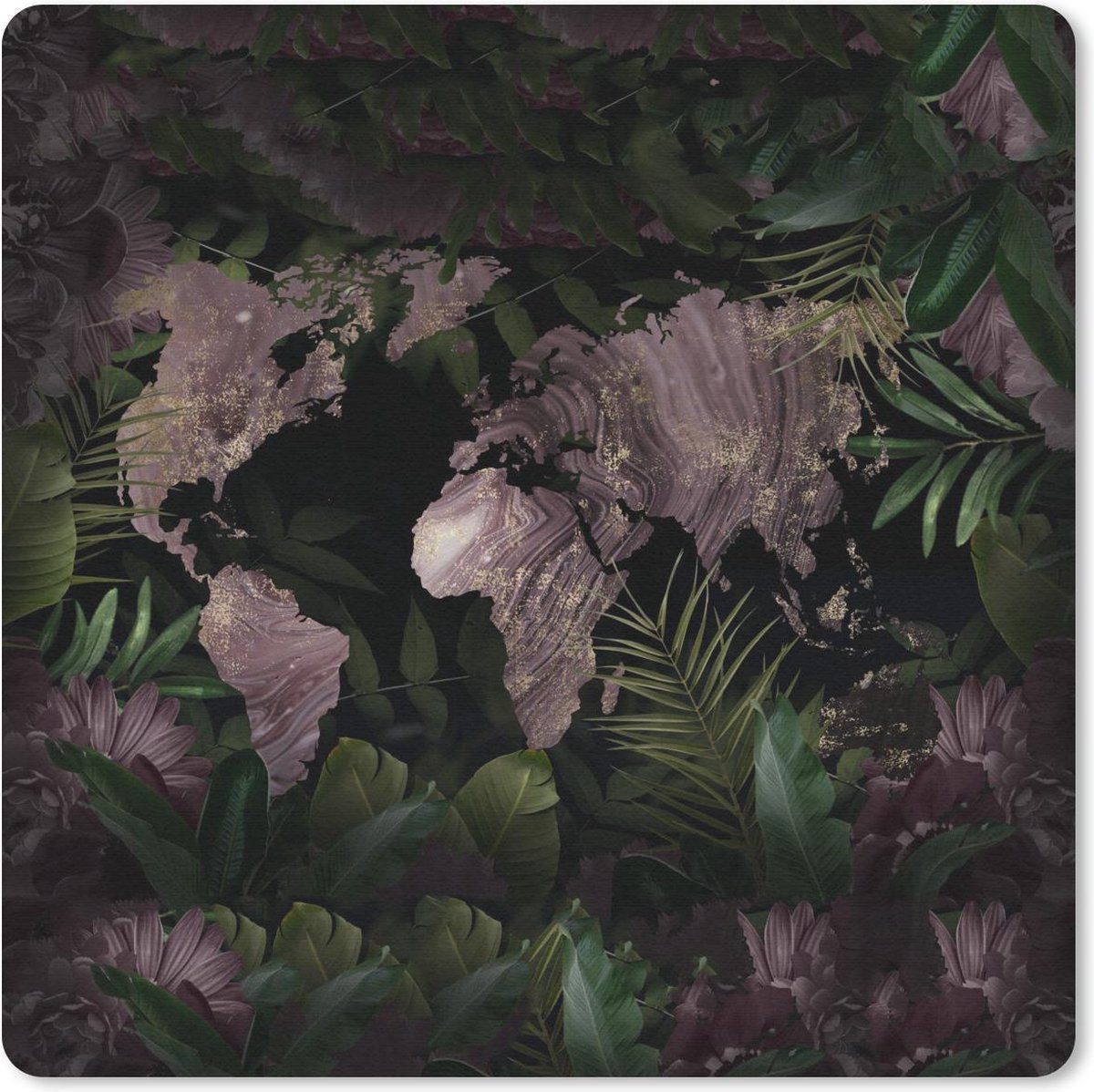 Muismat 30x30 cm - Mousepad Wereldkaart - Paars - Goud - Muismatten