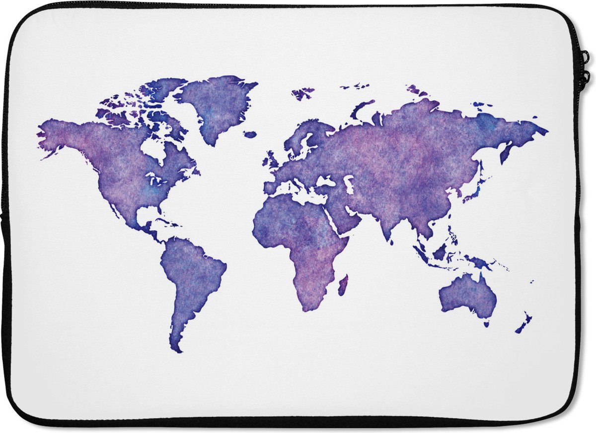 Laptophoes 14 inch - Wereldkaart - Waterverf - Paars - Laptop sleeve - Binnenmaat 33x23 cm - Zwarte achterkant