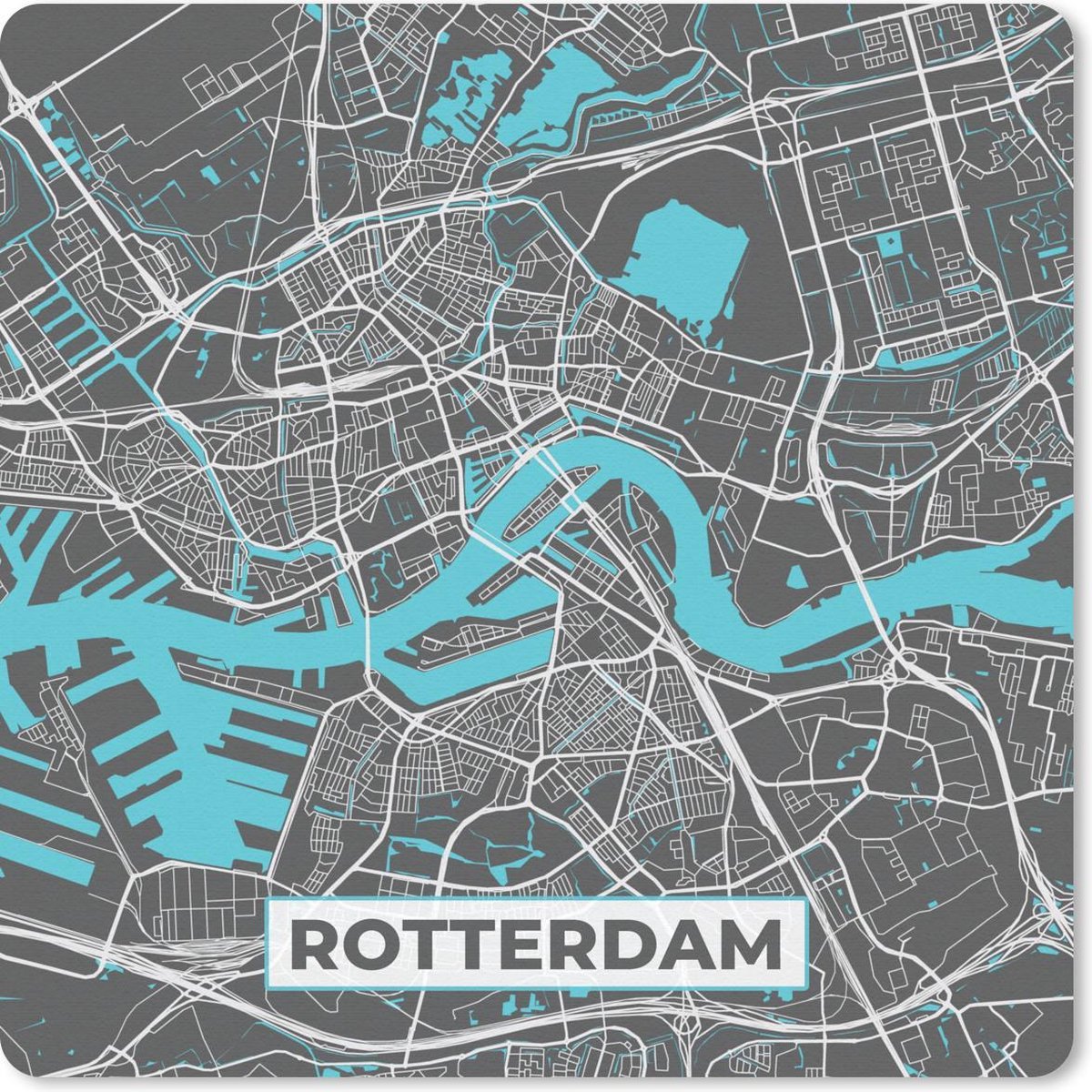 Muismat 30x30 cm - Mousepad Plattegrond - Rotterdam - Grijs - Blauw - Muismatten - Stadskaart