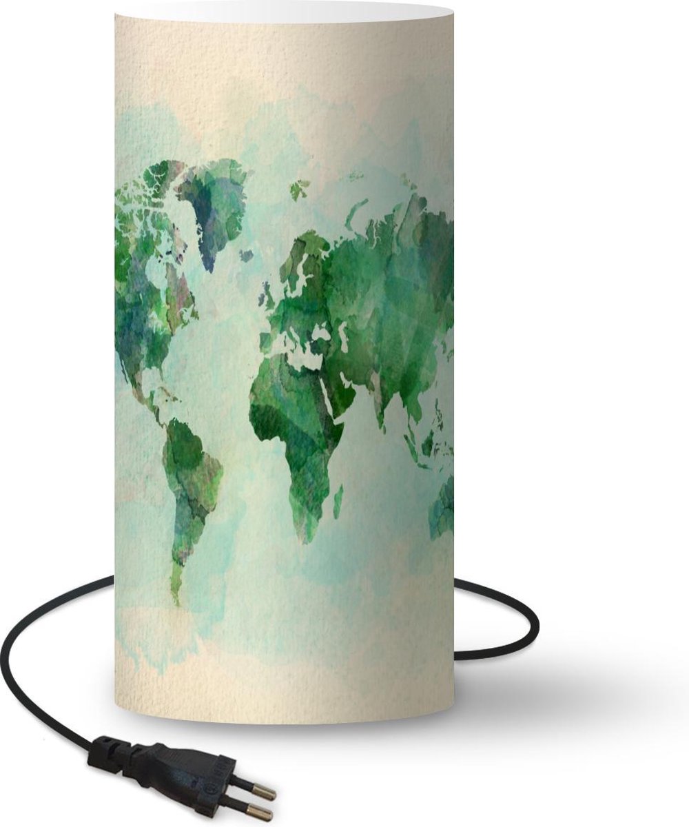 Lamp - Nachtlampje - Tafellamp slaapkamer - Wereldkaart - Waterverf - Groen - 33 cm hoog - Ø15.9 cm - Inclusief LED lamp
