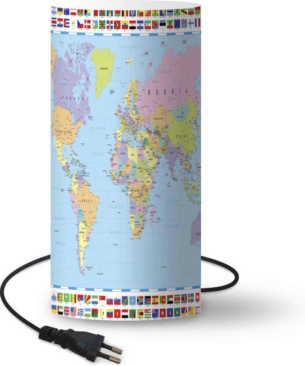 Lamp - Nachtlampje - Tafellamp slaapkamer - Wereldkaart - Vlag - Atlas - 54 cm hoog - Ø24.8 cm - Inclusief LED lamp