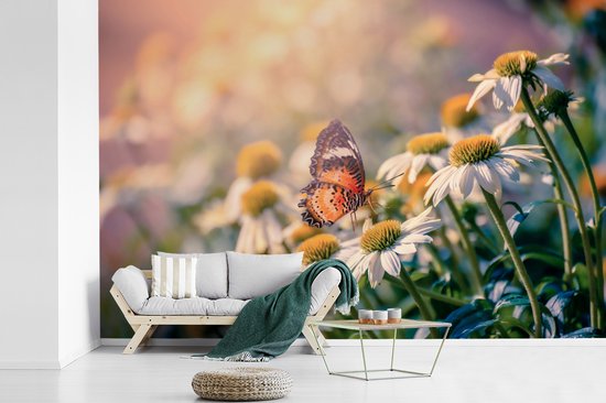 Papier peint Papier peint photo en vinyle - Papillon sur fleur de camomille largeur 450 cm x hauteur 300 cm - Tirage photo sur papier peint (disponible en 7 tailles)