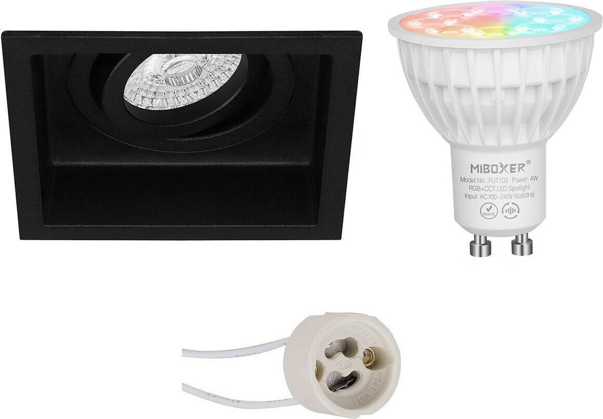 Mi-Light MiBoxer - LED Spot Set GU10 - Smart LED - Wifi LED - Slimme LED - 4W - RGB+CCT - Aanpasbare Kleur - Dimbaar - Proma Domy Pro - Inbouw Vierkant - Mat Zwart - Verdiept - Kantelbaar - 105mm