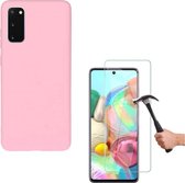 Solid hoesje Geschikt voor: Samsung Galaxy A51 Soft Touch Liquid Silicone Flexible TPU Rubber - licht roze  + 1X Screenprotector Tempered Glass