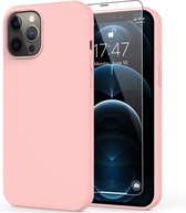 Solid hoesje Geschikt voor: iPhone 12 Soft Touch Liquid Silicone Flexible TPU Rubber - Sand Pink  + 1X Screenprotector Tempered Glass
