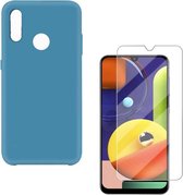 Solid hoesje Geschikt voor: Samsung Galaxy A20S Soft Touch Liquid Silicone Flexible TPU Rubber - Blauw Azuur  + 1X Screenprotector Tempered Glass