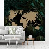 Behang - Fotobehang Wereldkaart - Bruin - Bloemen - Breedte 220 cm x hoogte 220 cm