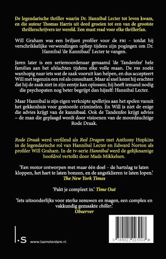 Boek met de titel 'Rode Draak' van Thomas Harris. Bevat tekst en een barcode.