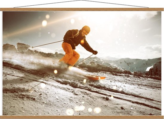 Schoolplaat – Skiër in Volle Vaart van Berg  - 120x80cm Foto op Textielposter (Wanddecoratie op Schoolplaat)