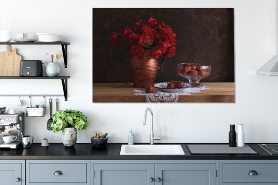 Peintures sur Toile - Nature Morte - Roses - Fraises - 140x90 cm - Décoration murale