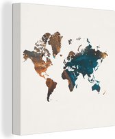 Canvas Wereldkaart - 90x90 - Wanddecoratie Wereldkaart - Blauw - Oranje