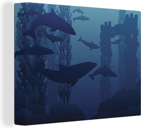 Canvas Schilderij Dolfijnen - Oceaan - Silhouet - 120x90 cm - Wanddecoratie