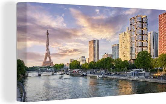 Canvas schilderij 160x80 cm - Wanddecoratie Skyline van Parijs met de Eiffeltoren en de Seine - Muurdecoratie woonkamer - Slaapkamer decoratie - Kamer accessoires - Schilderijen
