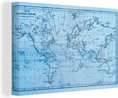 Canvas Wereldkaart - 90x60 - Wanddecoratie Wereldkaart - Blauw - Lijnen