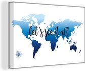 Canvas Wereldkaart - 90x60 - Wanddecoratie Wereldkaart - Blauw - Kompas