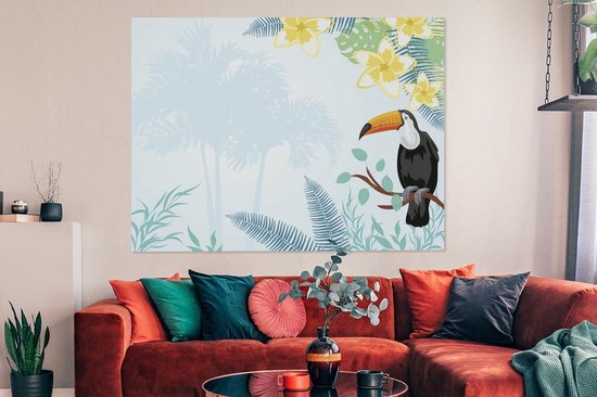 Une illustration de plantes tropicales avec une toile toucan 160x120 cm - Tirage photo sur toile (Décoration murale salon / chambre) XXL / Groot format!