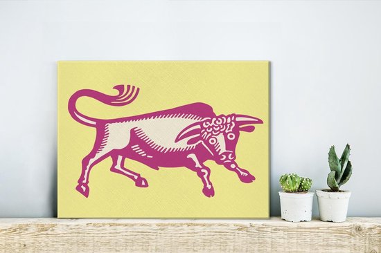 Une illustration d'un taureau rose sur toile 40x30 cm - petit - Tirage photo sur toile (Décoration murale salon / chambre) / Peintures sur toile Animaux de la ferme