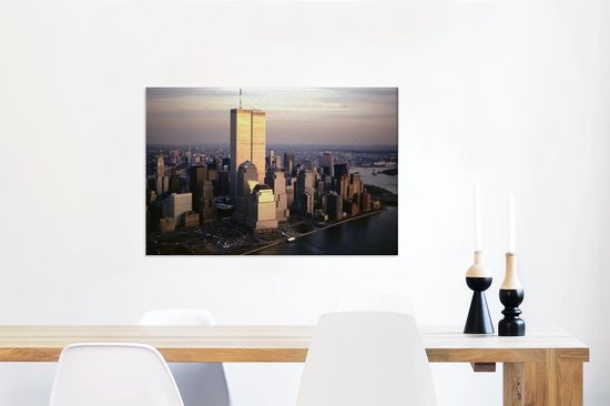 Canvas Schilderij Luchtfoto van Manhattan's World Trade Center boven de Hudson rivier in New York - 90x60 cm - Wanddecoratie