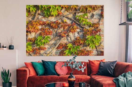 Feuilles d'Hedera rouges et vertes sur un mur de pierre Toile 180x120 cm - Tirage photo sur Toile (Décoration murale salon / chambre) XXL / Grand format!