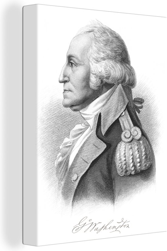 Canvas schilderij 120x160 cm - Wanddecoratie Een illustratie van president George Washington met zijn handtekening - Muurdecoratie woonkamer - Slaapkamer decoratie - Kamer accessoires - Schilderijen
