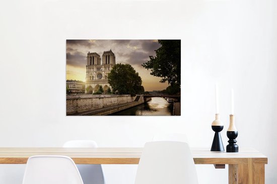 Canvas Schilderij Zonsopgang bij de Notre Dame in Parijs - 90x60 cm - Wanddecoratie