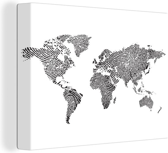 Canvas Wereldkaart - 80x60 - Wanddecoratie Wereldkaart - Vingerafdruk - Zwart - Wit